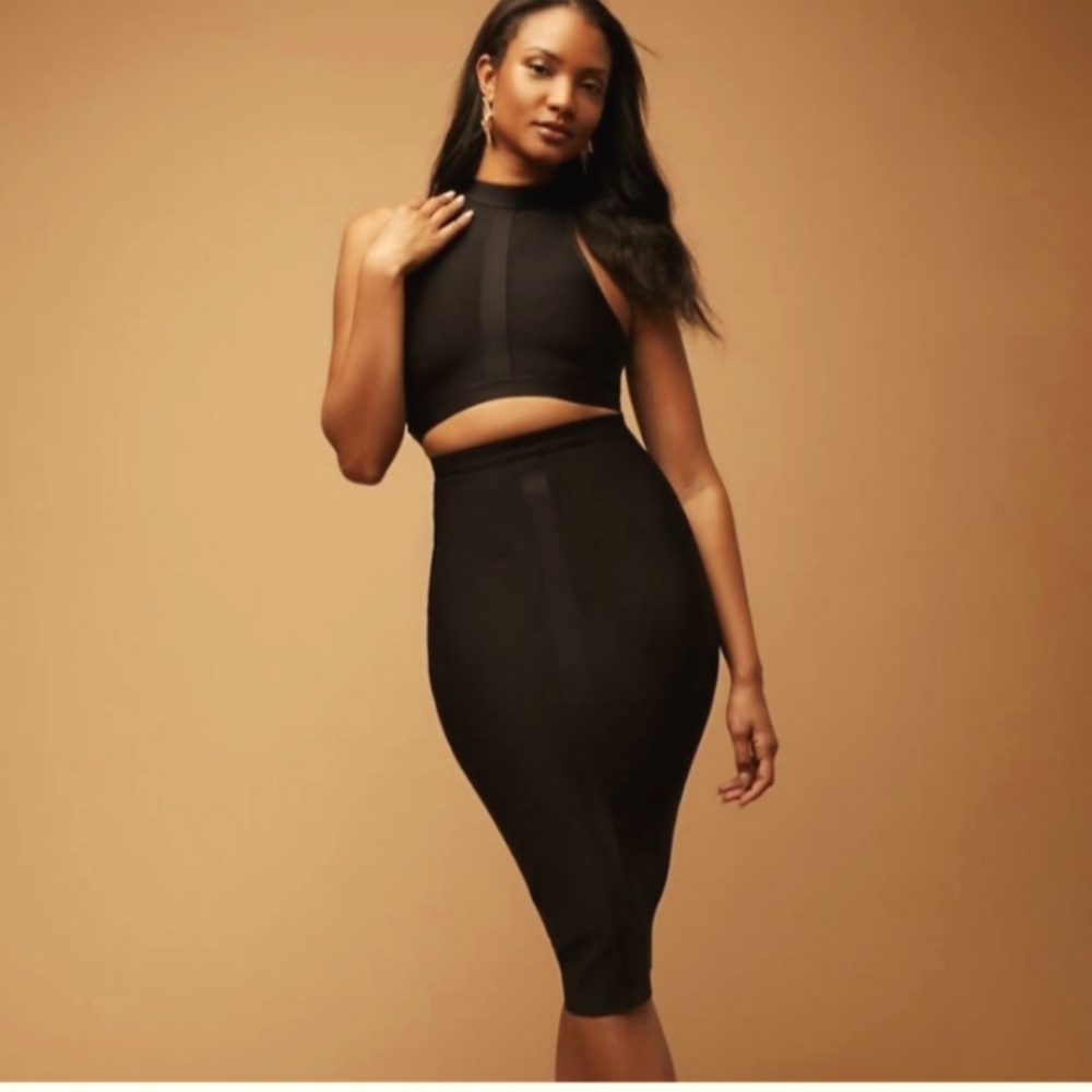 Hervé Leger x FOREVER21 Black Bandage Cut Out Dress Black Sz Small Midi Length